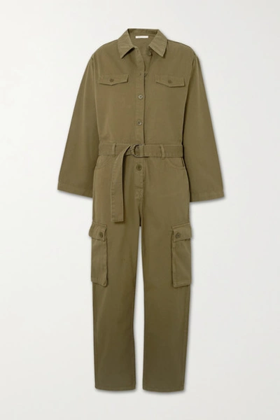 Maje Belted Cotton-twill Jumpsuit In Army Green