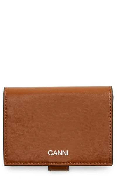 Ganni Bifold Textured Leather Wallet In Cognac