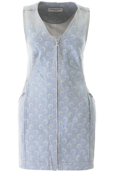 Marine Serre Jacquard Logo Denim Dress In Light Blue,white