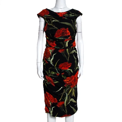 Pre-owned Dolce & Gabbana Black And Red Floral Printed Draped Midi Dress M