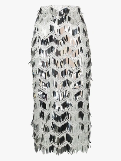 Anouki Metallic Fringed Sequin Pencil Skirt In Silver