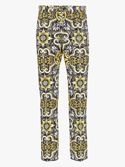 Dolce & Gabbana Majolica Print Cotton Cigarette Trousers In Multicolour