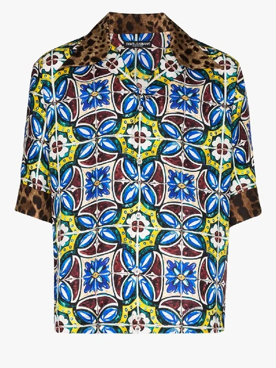 Dolce & Gabbana Hawaii Shirt With Maiolica And Leopard Print In Blue