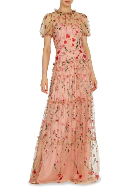 ml Monique Lhuillier Short Sleeve Floral Embroidered Mesh Gown In Peony Multi
