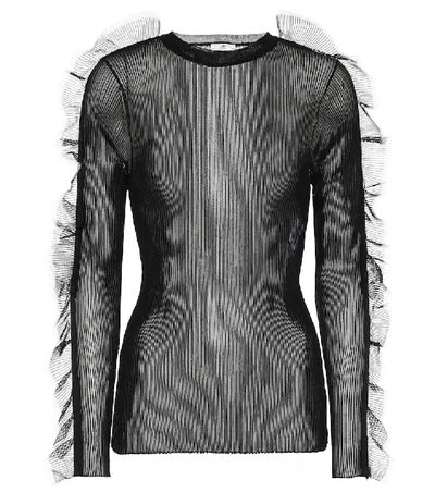 Noir Kei Ninomiya Ribbed Sheer Nylon Top W/ Ruffles In Black