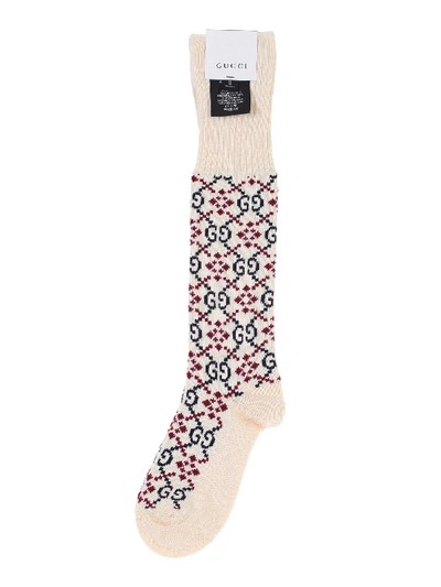 Gucci Beige, Navy And Red Gg Diamond Cotton Socks In Bianco