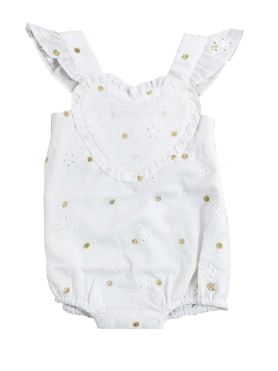 Lili Gaufrette Babies' Newborn Romper With Embroidery In Bianco-oro