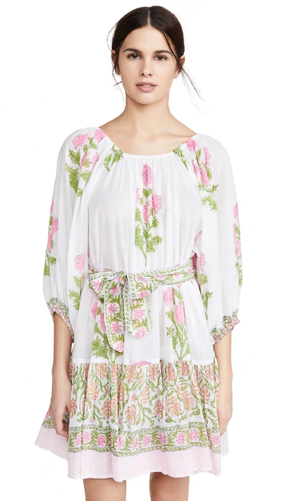 Juliet Dunn Off-the-shoulder Floral Print Cotton Dress In White/pale Pink Neon
