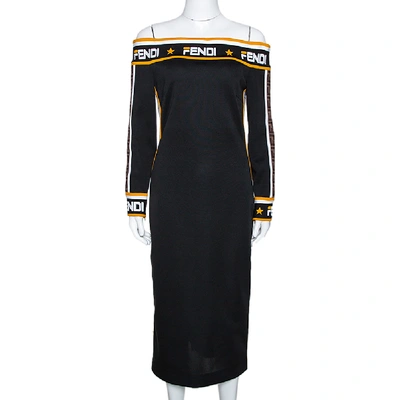 Pre-owned Fendi Black Stretch Knit Logo Trimmed Off Shoulder Midi Dress M