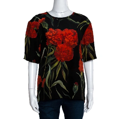 Pre-owned Dolce & Gabbana Black And Red Floral Printed Short Sleeve Top L