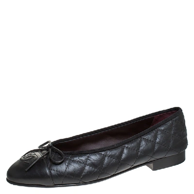 Pre-owned Chanel Black Quilted Leather Cc Bow Cap Toe Ballet Flats Size 37