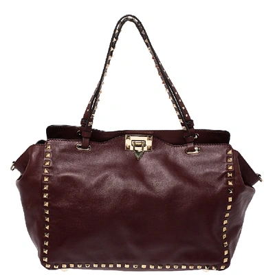 Pre-owned Valentino Garavani Burgundy Leather Medium Rockstud Tote