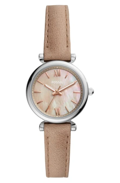 Fossil Mini Carlie Star Leather Strap Watch, 28mm In Brown/ Mop/ Silver