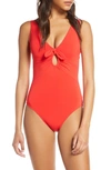 Robin Piccone Plunge Neck Tie-front One Piece Swimsuit In Fiery Red