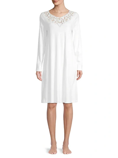 Hanro Aurelia Long-sleeve Lace Trim Night Gown In White