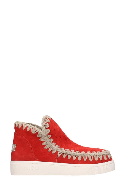 Mou Summer Eski Low Heels Ankle Boots In Red Suede
