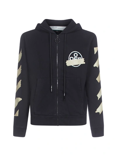 Off-white Tape Arrows Cotton Zip Hoodie In Black Beige