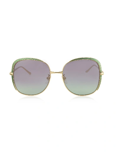 Gucci Designer Sunglasses Gg0400s Shiny Gold Guilloché Metal Frame Sunglasses In Vert/bleu