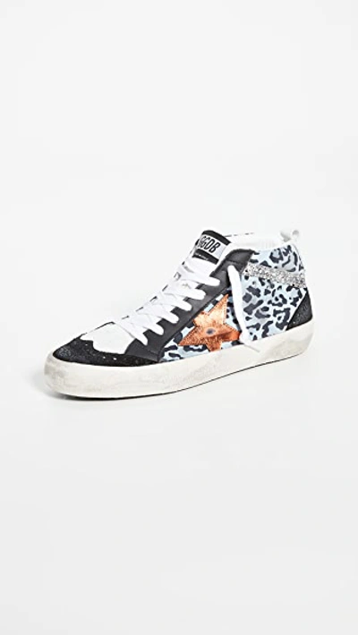 Golden Goose Mid Star Trainers In Light Blue/leopard/copper Star