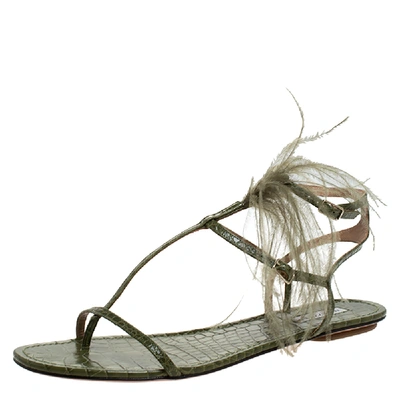 Pre-owned Aquazzura Green Croc Embossed Leather Feather Ponza Ankle Strap Flat Sandals Size 41