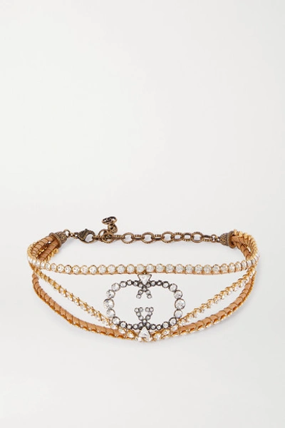Gucci Gold-tone, Leather And Crystal Choker