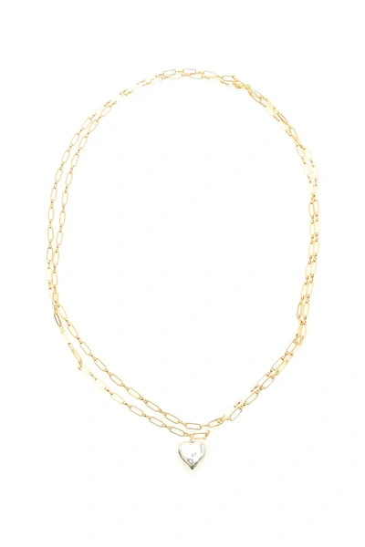 Timeless Pearly Double Chain Heart Necklace In Gold,silver