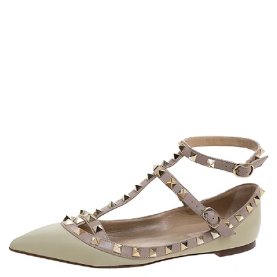 Pre-owned Valentino Garavani Light Green Leather Rockstud Double Ankle Strap Cage Ballerina Flats Size 37