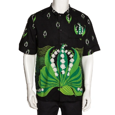 Pre-owned Valentino Black & Green Cotton Lily V Short Sleeve Shirt Xl