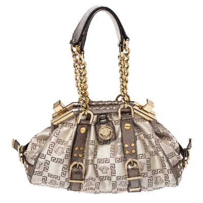 Pre-owned Versace Beige/metallic Canvas And Leather Madonna Boston Bag