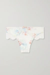 AGENT PROVOCATEUR AIMELINE LEAVERS LACE-TRIMMED FLORAL-PRINT SILK-BLEND SATIN THONG