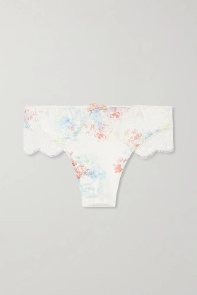 Agent Provocateur Aimeline Leavers Lace-trimmed Floral-print Silk-blend Satin Thong In White