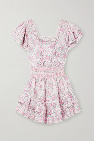 Loveshackfancy Stanton Ruffled Floral-print Swiss-dot Cotton-voile Mini Dress In Candy Heart