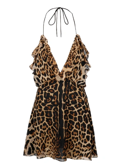 Saint Laurent Abito Corto In Seta Con Stampa Leopardata In Brown