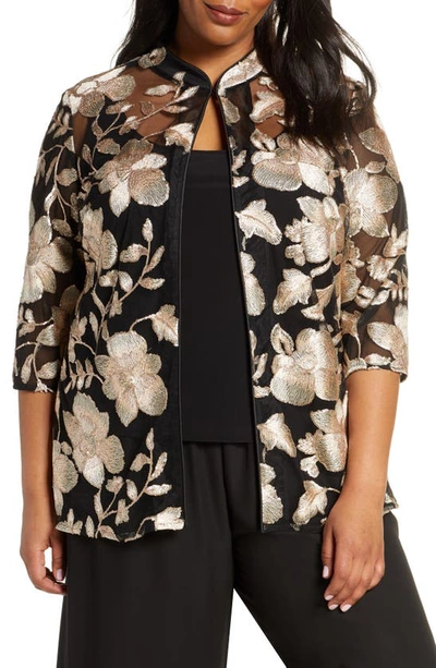 Alex Evenings Plus Size Embroidered Jacket & Top Set In Black/ Taupe