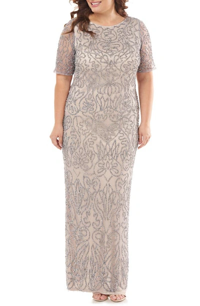 Js Collections Js Collection Beaded Column Gown In Silver Nude
