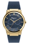 Ferragamo Sapphire Yellow Gold Ip Double Gancini Rubber Strap Watch In Blue/ Gold