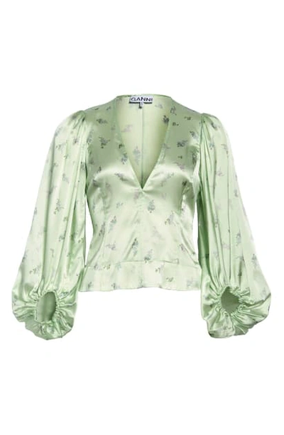 Ganni Floral Print Stretch Silk Satin Crop Blouse In Patina Green