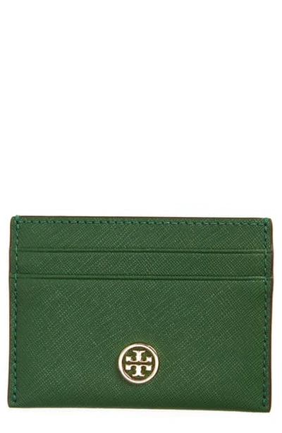Tory Burch Robinson Leather Card Case In Arugula