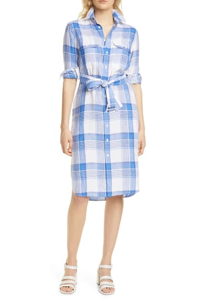 Polo Ralph Lauren Plaid Long Sleeve Belted Linen Shirtdress In 4370 White Blue/ Multi