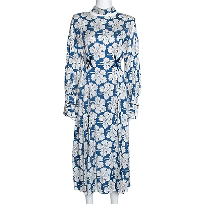 Pre-owned Fendi Blue Floral Printed Silk Cutout Detail Midi Dress M