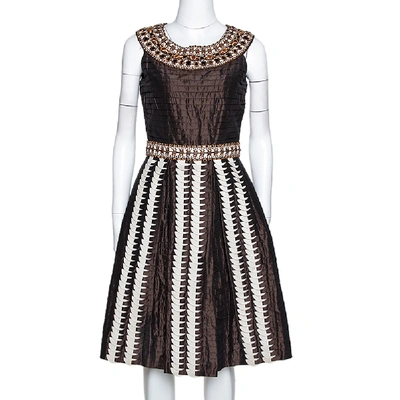 Pre-owned Oscar De La Renta Brown Silk Embellished & Pleated Sleeveless Dress S