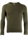 Saint Laurent Khaki Cotton Distressed Sweater In Green