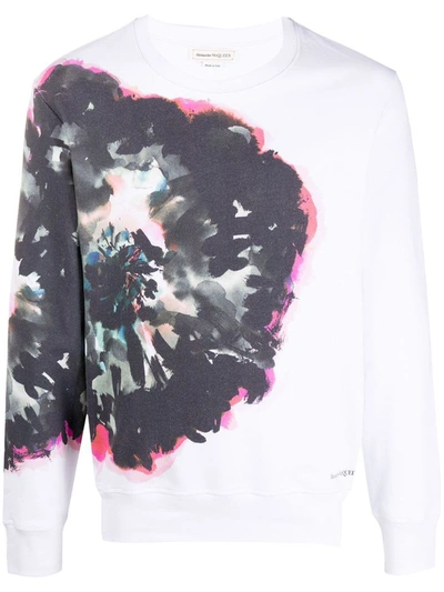 Alexander Mcqueen Floral Printed Wool Crewneck Sweater In White