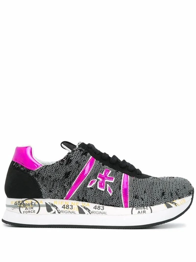 Premiata Sneakers In Suede And Writable Sequins With Logo In Black
