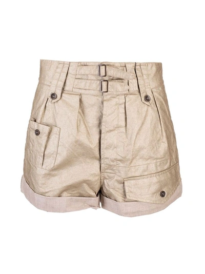 Saint Laurent Buckled Metallic Linen Shorts In Beige