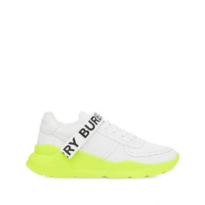 Burberry 'ronnie' Logo Strap Fluorescent Sole Leather Sneakers In White