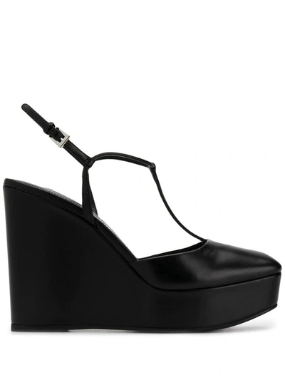 Prada 115 Leather Wedge Sandals In Black