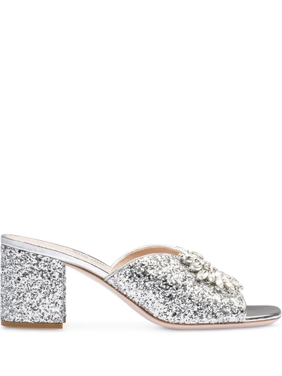 Miu Miu 65mm Crystal-embellished Glittered Leather Mules In Silver