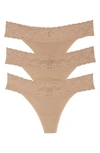 Natori Bliss 3-pack Perfection Lace Trim Thongs In Cafe