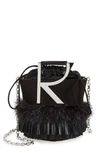 ROGER VIVIER MINI RV FEATHER FRINGES GOATSKIN LEATHER BUCKET BAG,RBWANNKC101HR0B999